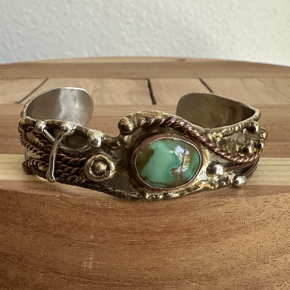 Vintage Artisan Open Cuff Bracelet Size 6.75 Turquoise Brutalist Mixed Metals